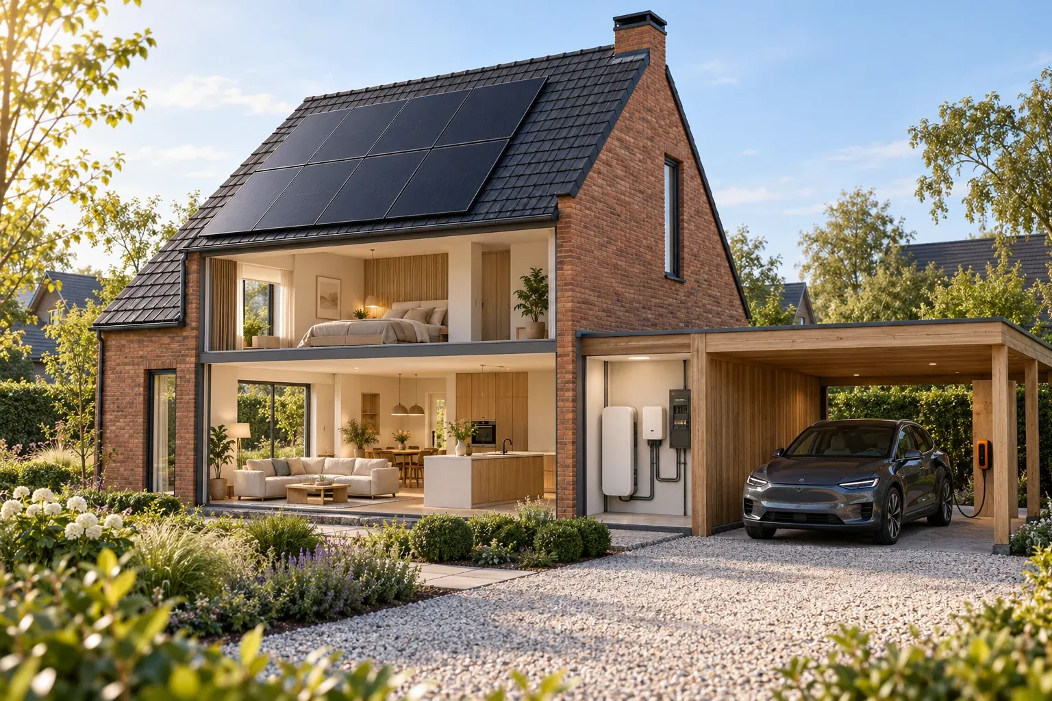 Realistisch woningconcept met zonnepanelen op het dak, een thuisbatterij en omvormer in de technische ruimte en een elektrische auto aan de laadpaal.