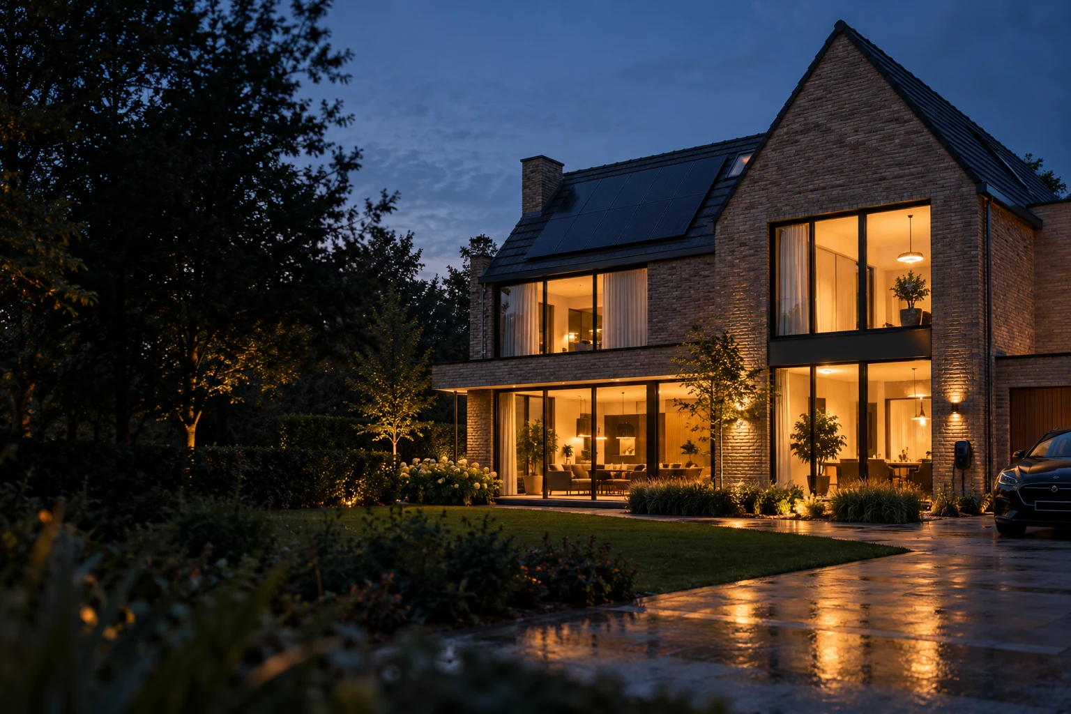 Architectonisch sfeerbeeld van een woning met verlichting, zonnepanelen en een laadpunt