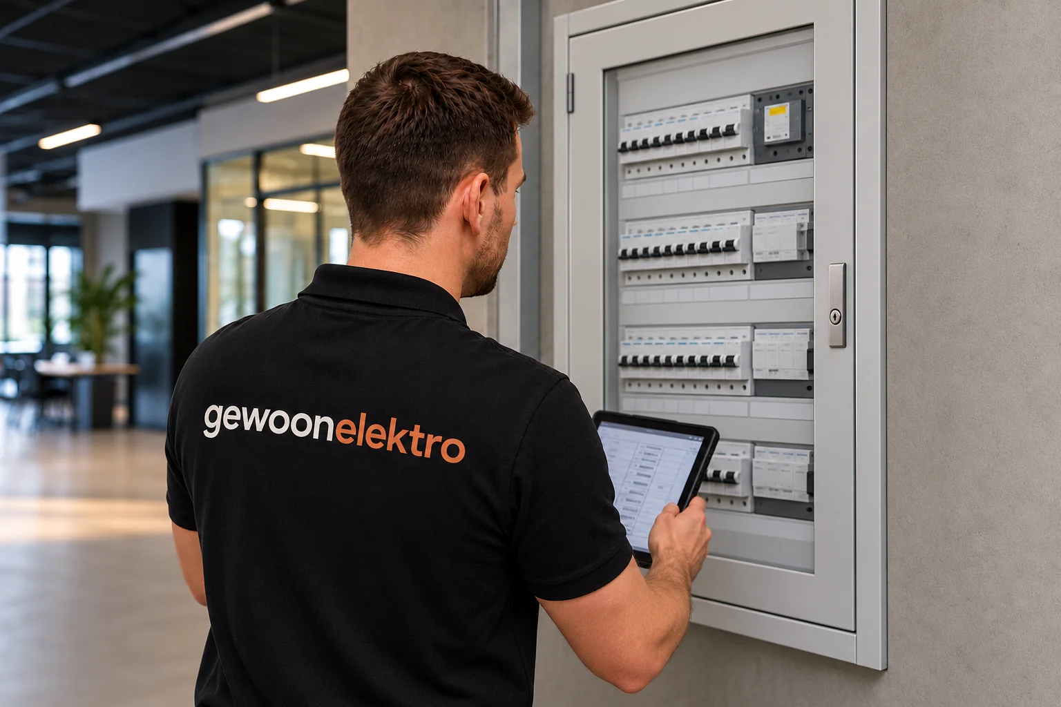 Sfeerbeeld van een elektromonteur bij een groepenkast